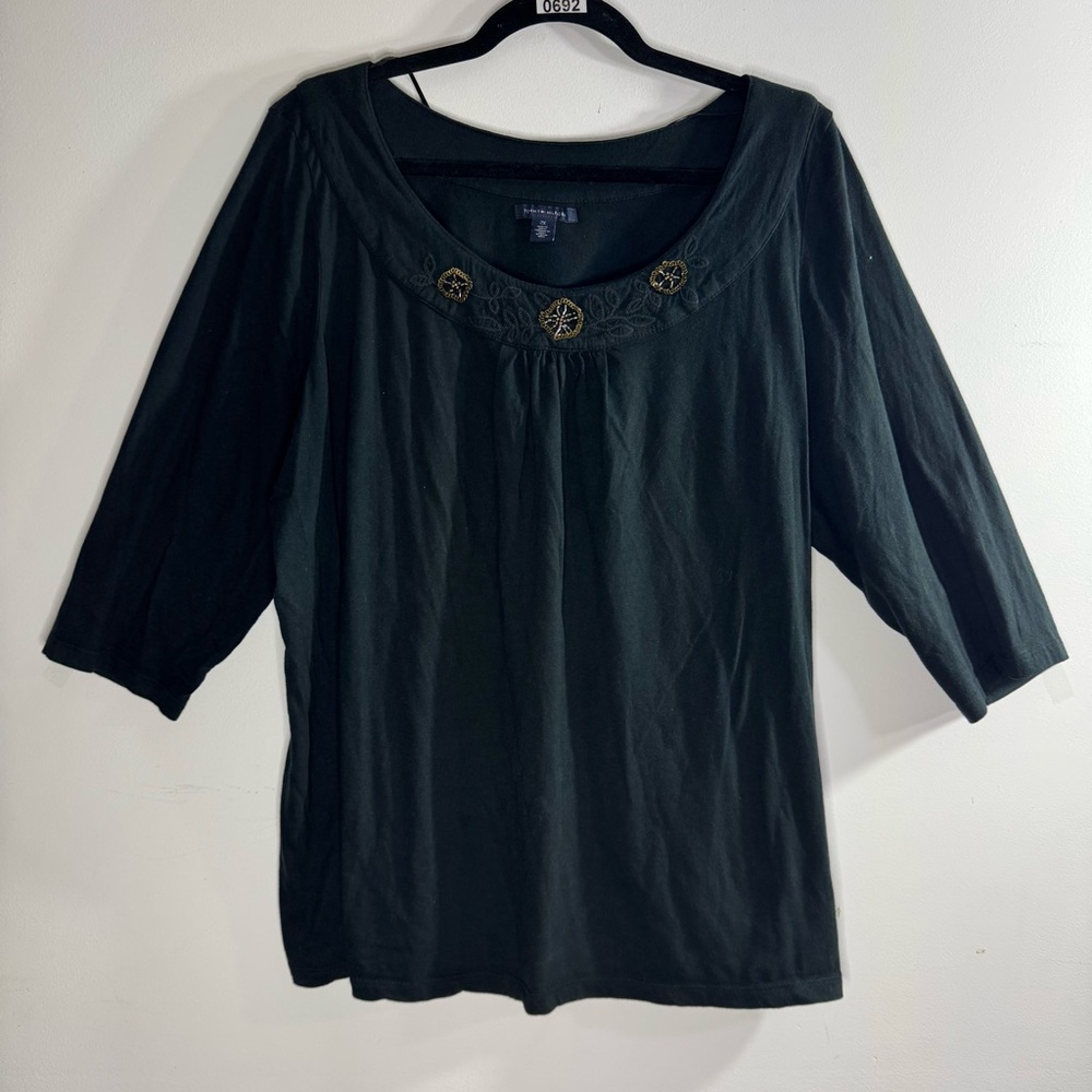 Tommy Hilfiger 2X Embroidered Beaded Neckline Top Black Cotton